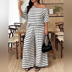 Striped Off-Shoulder Wide-Leg Jumpsuit - Black & White